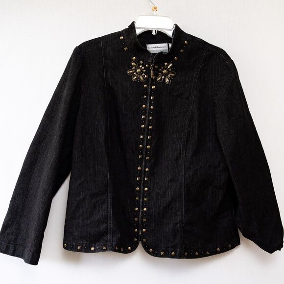 VTG Alfred Dunner Petite 12P Black jean denim jacket beaded artsy whimsygoth - Picture 1 of 6